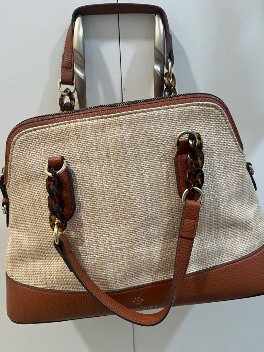 Nanette Lepore Cream and Brown Woven Satchel with Tortoiseshell Accents - Picture 2 of 8